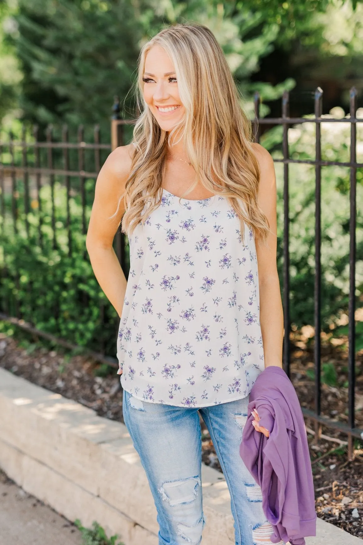 Swinging Into Summer Floral Tank Top- Ivory & Lavender