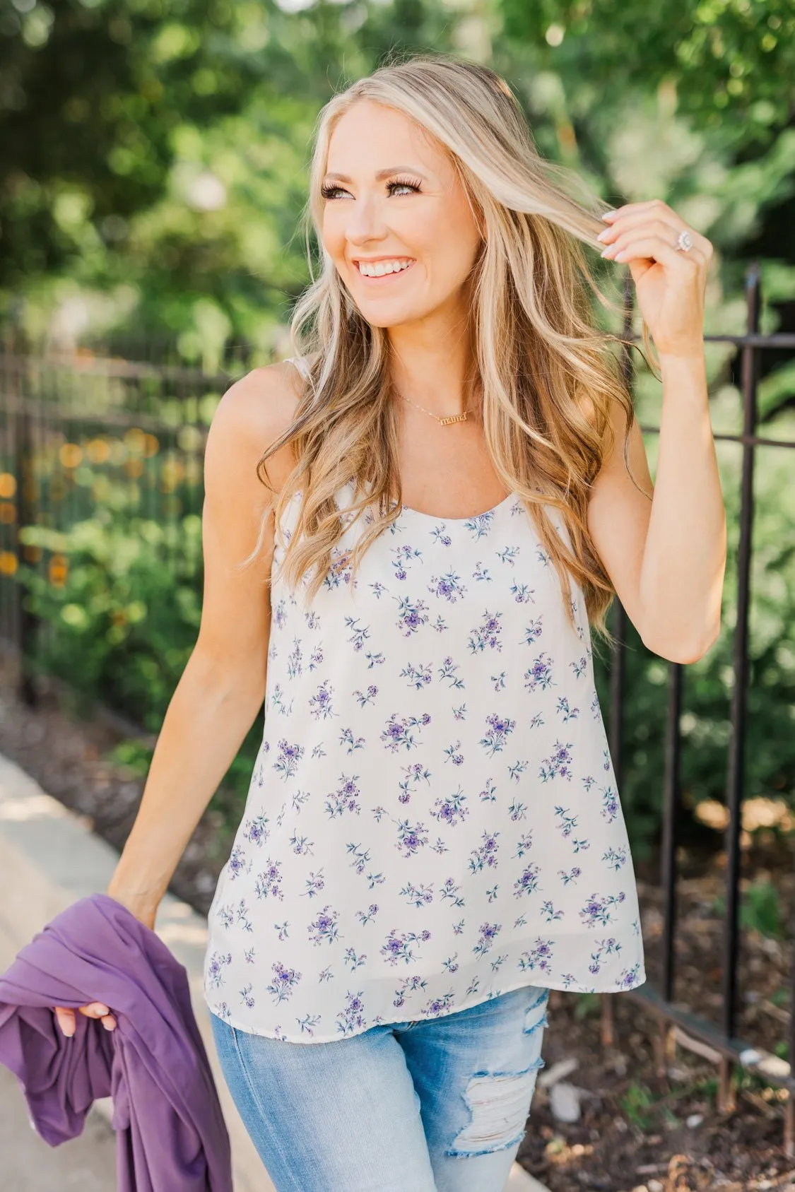 Swinging Into Summer Floral Tank Top- Ivory & Lavender