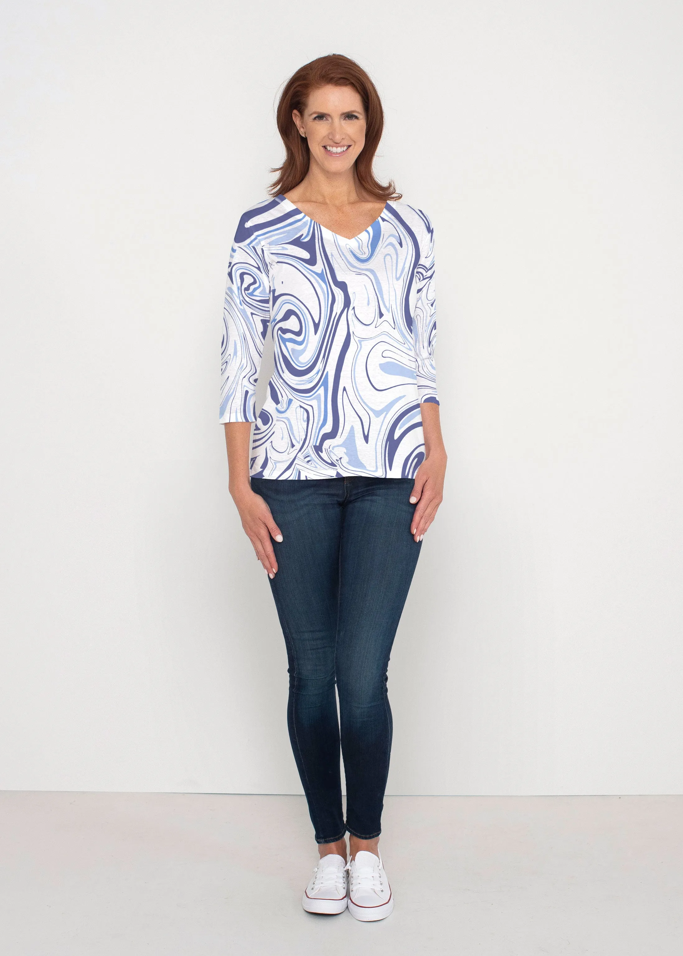 Swirly Blue (8076) ~ Signature 3/4 Sleeve V-Neck Top