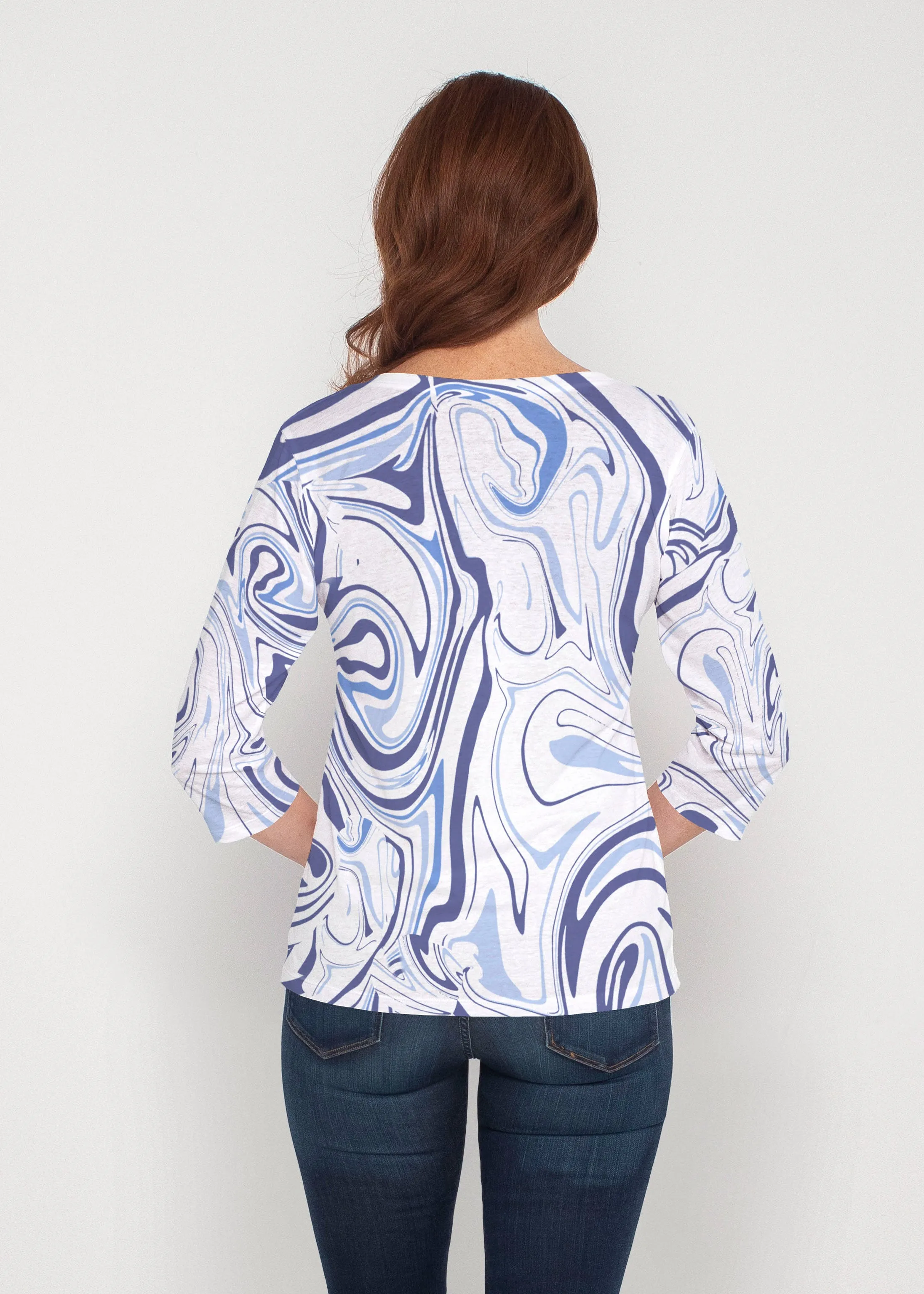 Swirly Blue (8076) ~ Signature 3/4 Sleeve V-Neck Top