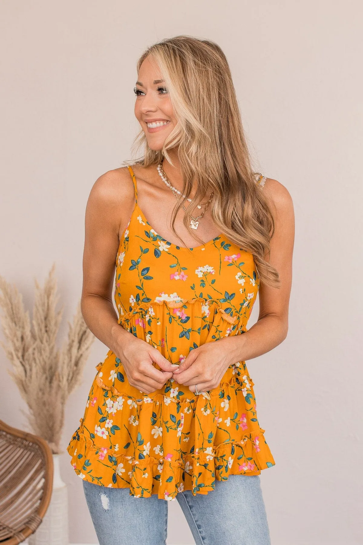 Take My Sorrows Floral Tank- Golden Yellow