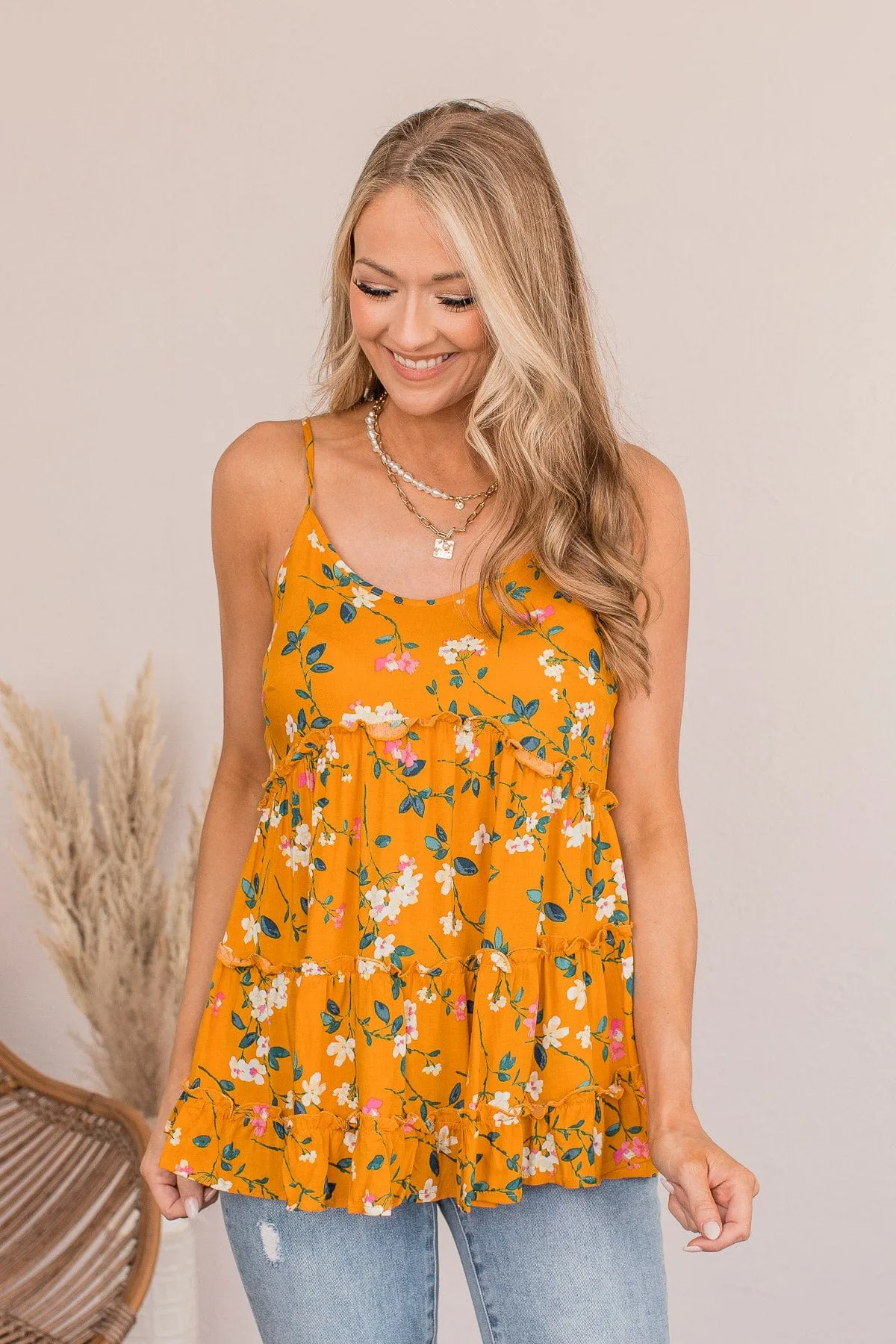 Take My Sorrows Floral Tank- Golden Yellow