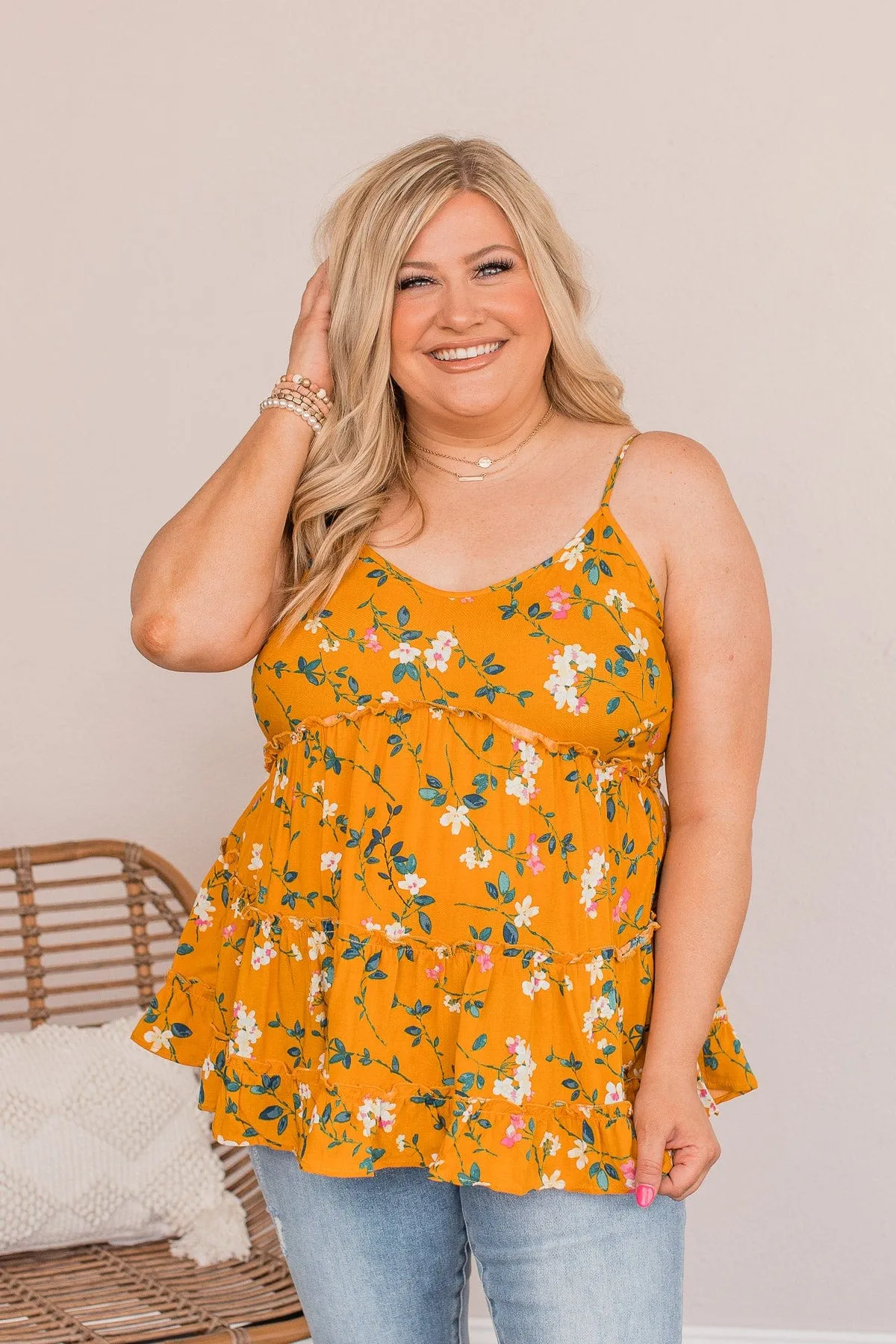 Take My Sorrows Floral Tank- Golden Yellow
