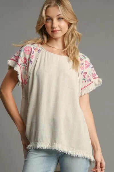Tan Linen Round Neck High Low Hem Frayed Top