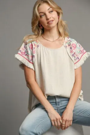 Tan Linen Round Neck High Low Hem Frayed Top