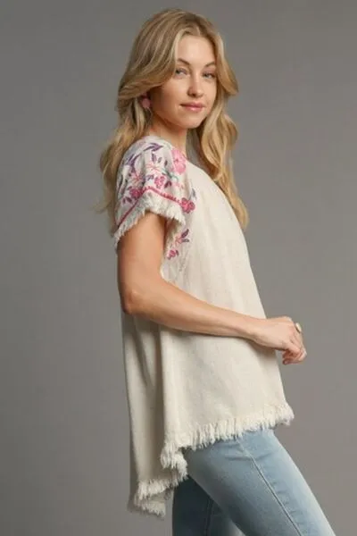 Tan Linen Round Neck High Low Hem Frayed Top