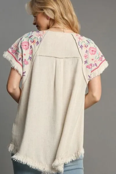 Tan Linen Round Neck High Low Hem Frayed Top