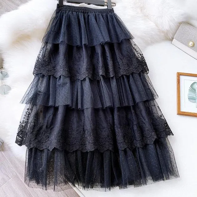 Tulle Long Skirs For Women Cake-Layers Drape Lace Frill Ruffle Hem Skirt Fluffy Loose Pleated Maxi Skirts Black White Skirt