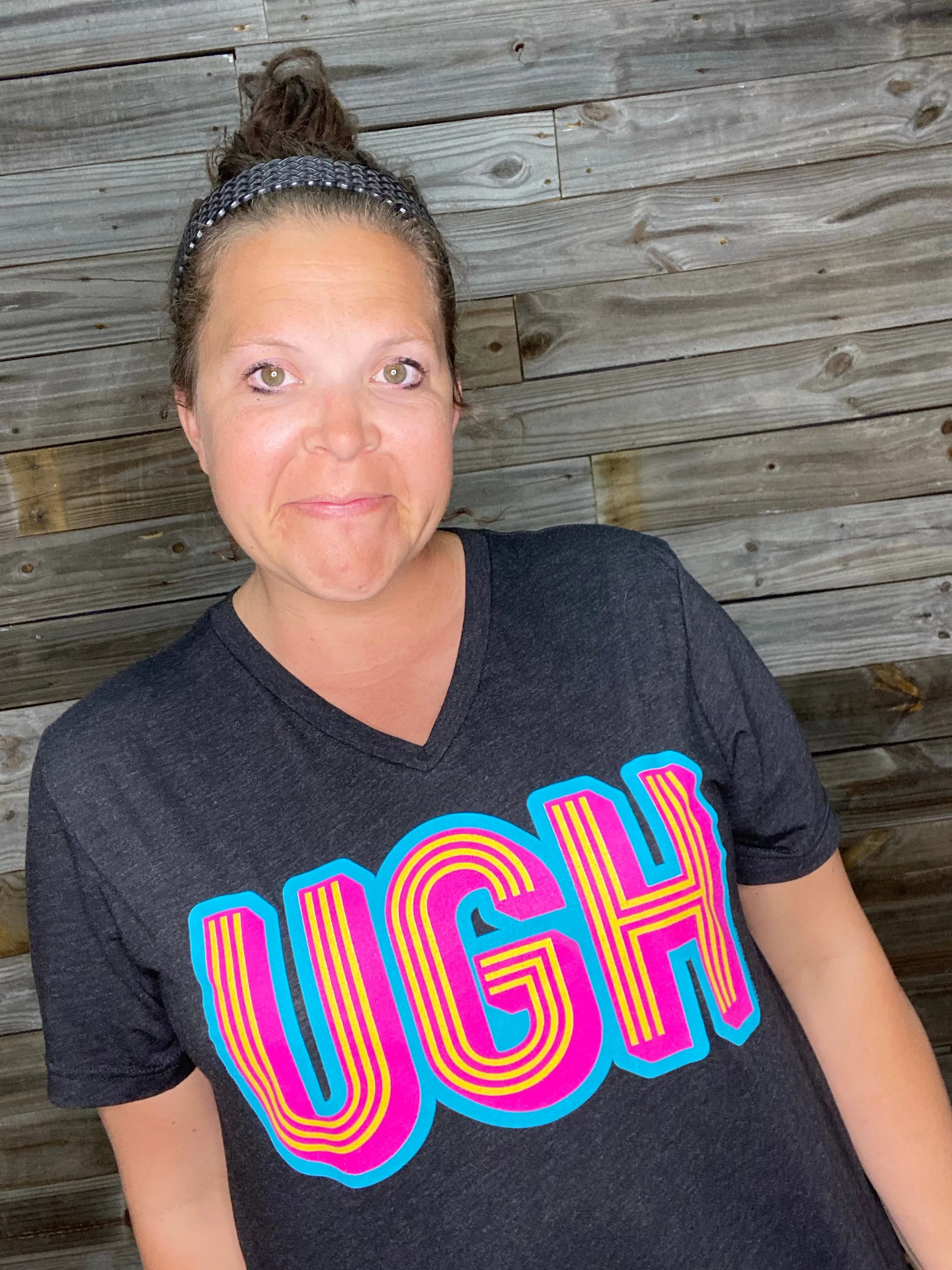 {UGH} Neon   Retro Design Char-Black V-Neck Tee