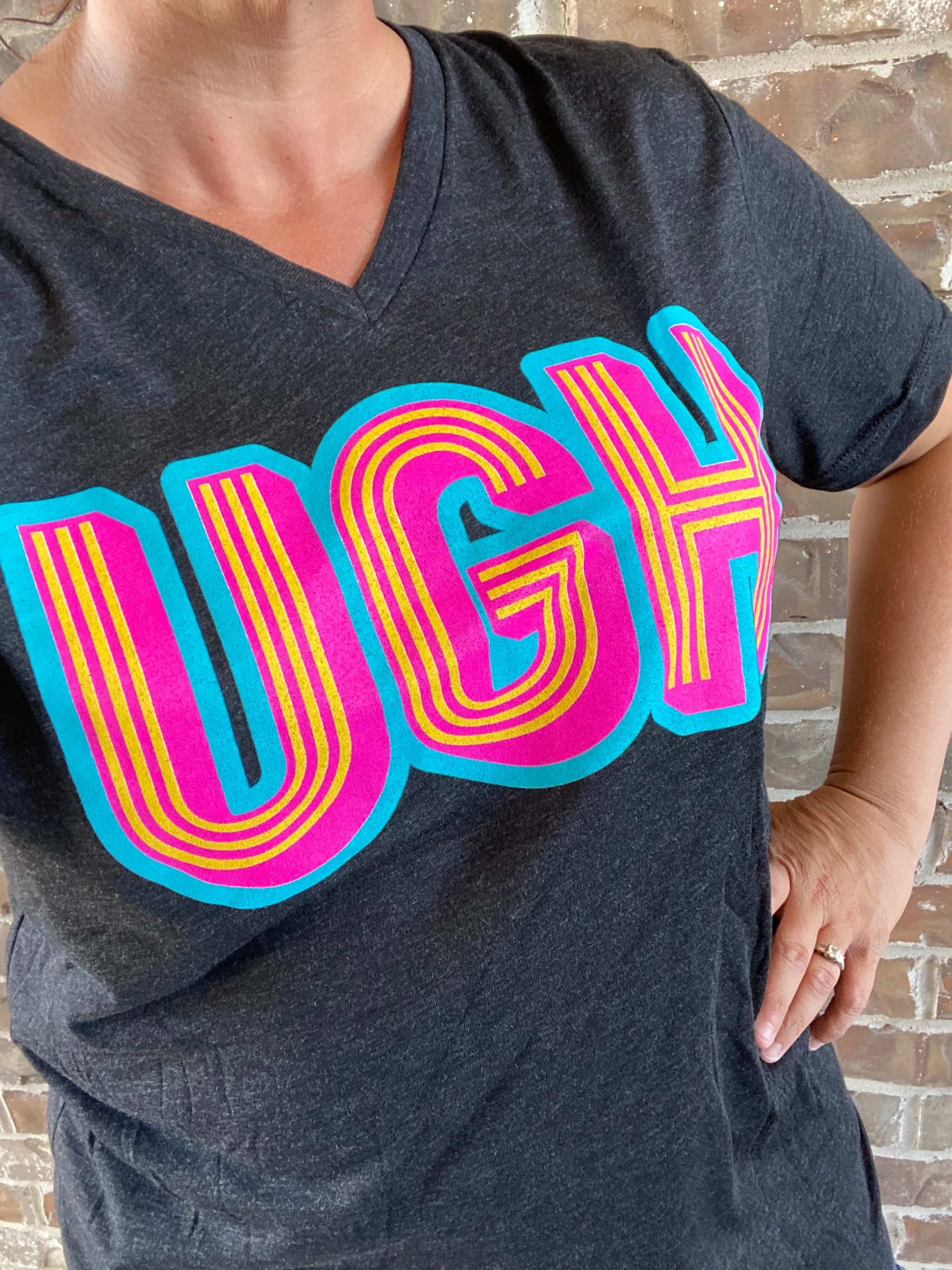 {UGH} Neon   Retro Design Char-Black V-Neck Tee
