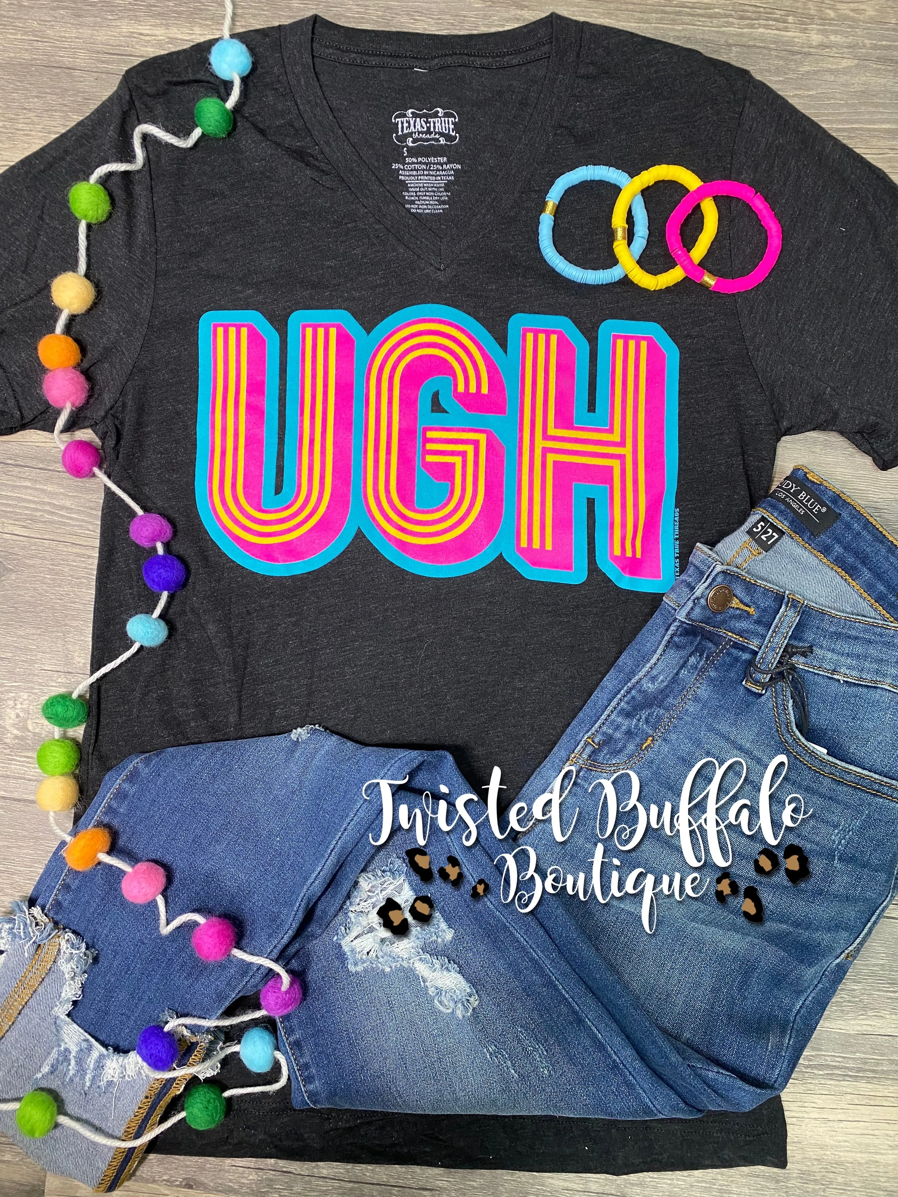 {UGH} Neon   Retro Design Char-Black V-Neck Tee