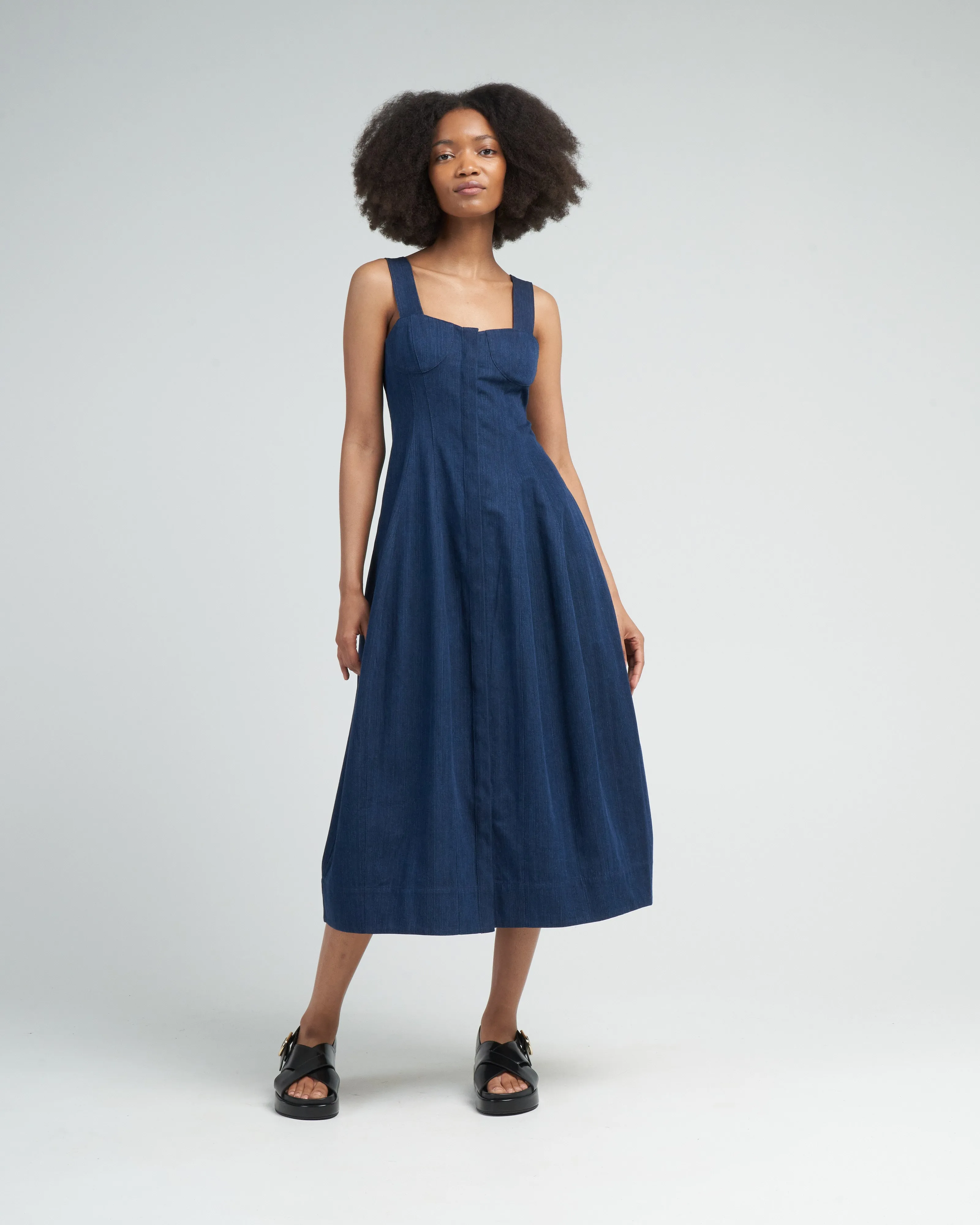 washed summer denim dress - dark enzyme wash