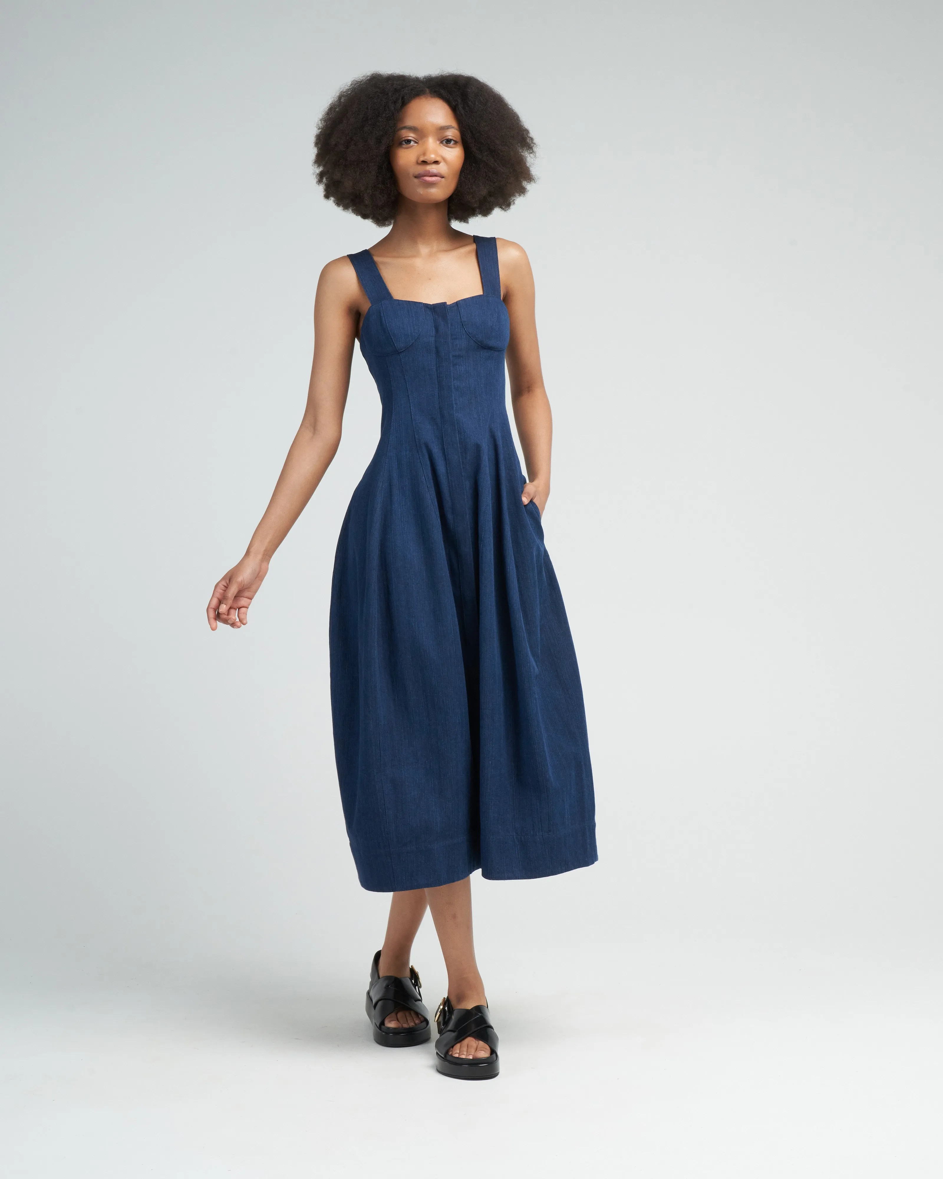 washed summer denim dress - dark enzyme wash