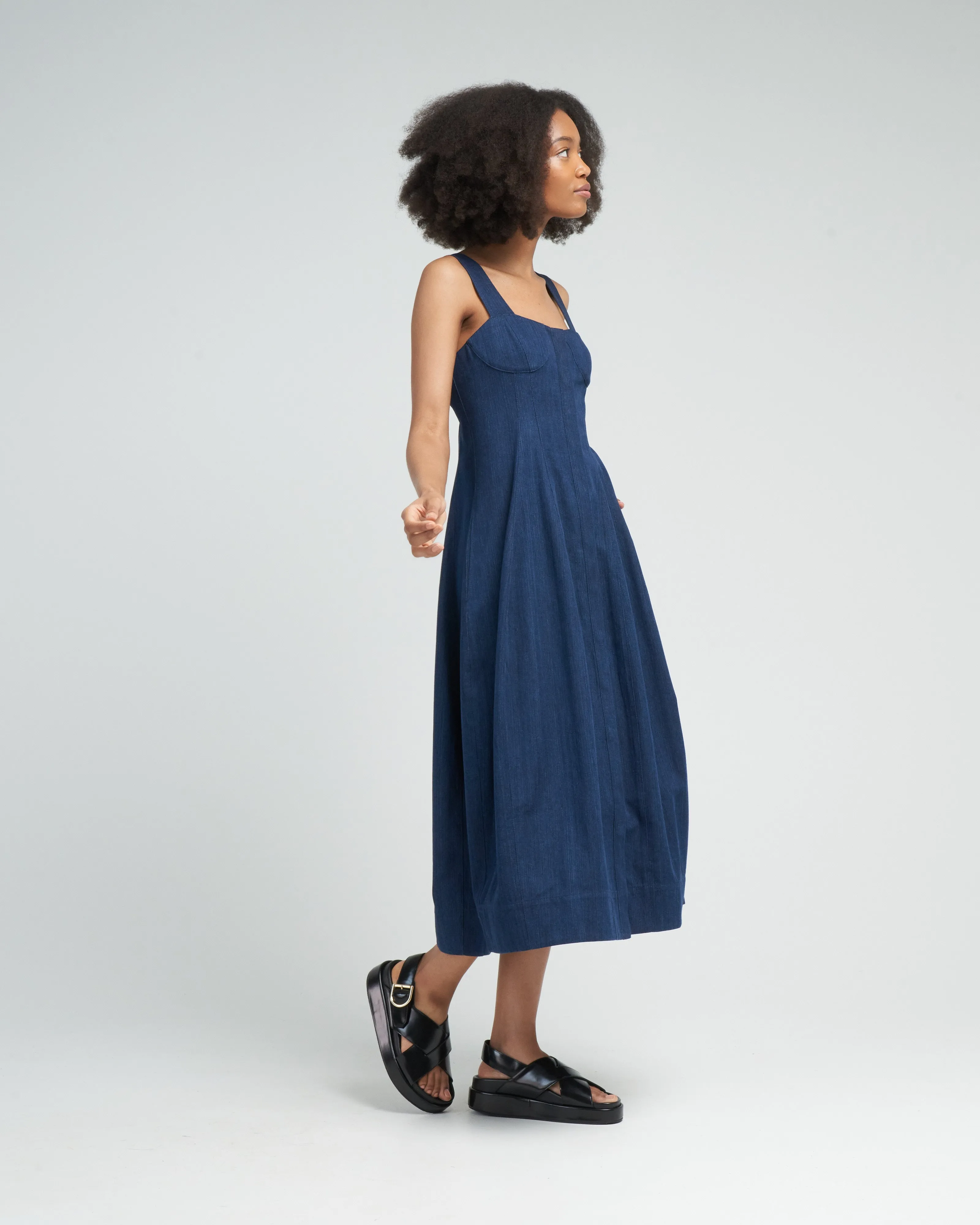 washed summer denim dress - dark enzyme wash