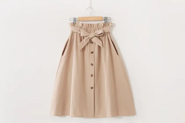 Women Casual Cotton Skirts 2021 Spring Summer Korean Style Solid Elegant High Waist Single-Breasted Bow Lace Up A-Line Midi Skir