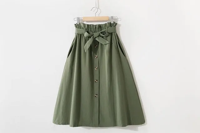 Women Casual Cotton Skirts 2021 Spring Summer Korean Style Solid Elegant High Waist Single-Breasted Bow Lace Up A-Line Midi Skir