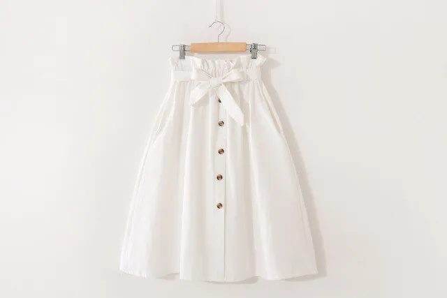 Women Casual Cotton Skirts 2021 Spring Summer Korean Style Solid Elegant High Waist Single-Breasted Bow Lace Up A-Line Midi Skir