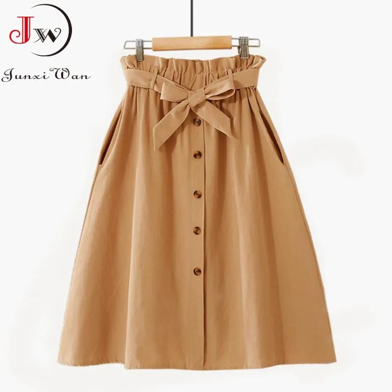 Women Casual Cotton Skirts 2021 Spring Summer Korean Style Solid Elegant High Waist Single-Breasted Bow Lace Up A-Line Midi Skir
