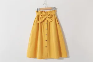 Women Casual Cotton Skirts 2021 Spring Summer Korean Style Solid Elegant High Waist Single-Breasted Bow Lace Up A-Line Midi Skir