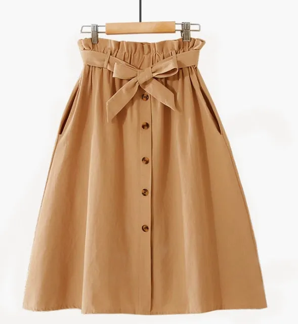Women Casual Cotton Skirts 2021 Spring Summer Korean Style Solid Elegant High Waist Single-Breasted Bow Lace Up A-Line Midi Skir