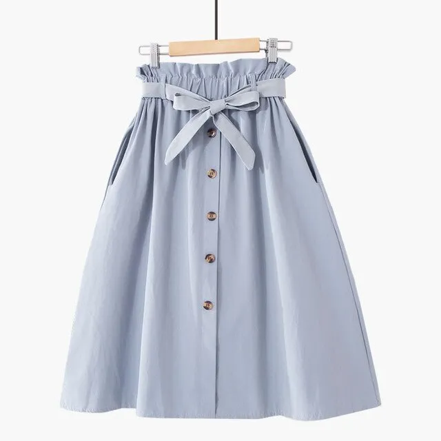Women Casual Cotton Skirts 2021 Spring Summer Korean Style Solid Elegant High Waist Single-Breasted Bow Lace Up A-Line Midi Skir