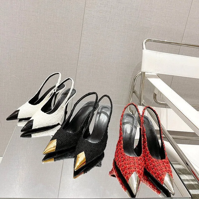Women Metal Point Toe Stiletto Stripper Slingback Prom Evening Pumps