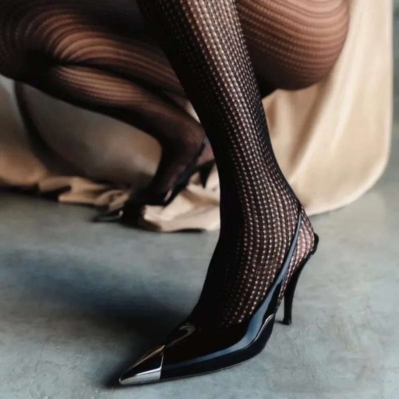 Women Metal Point Toe Stiletto Stripper Slingback Prom Evening Pumps