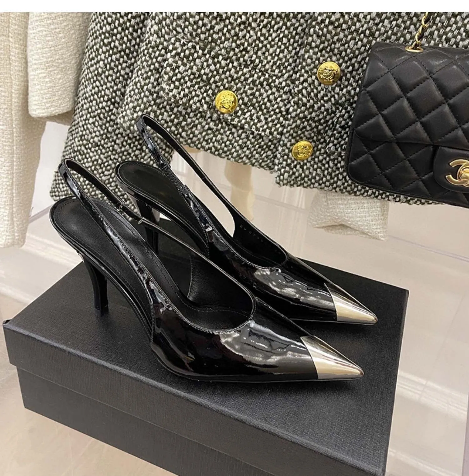Women Metal Point Toe Stiletto Stripper Slingback Prom Evening Pumps