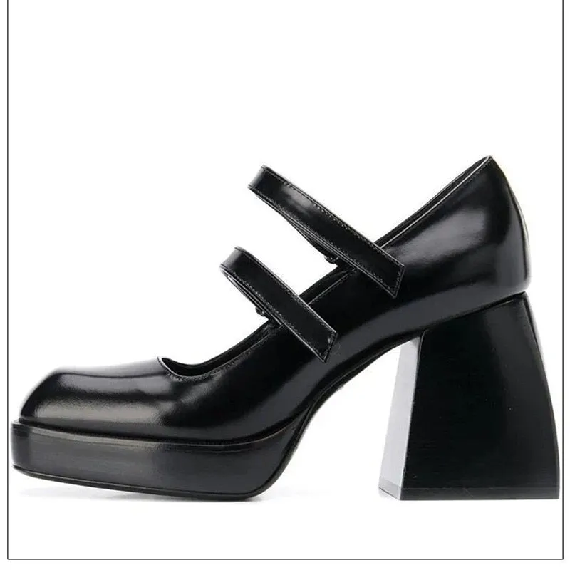 women pumps new 2020 genuine leather square high heels black white shoes woman Mary Janes dress party wedding shoes size 34-39