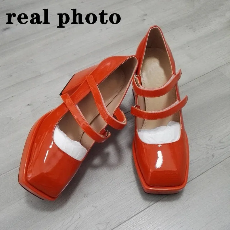 women pumps new 2020 genuine leather square high heels black white shoes woman Mary Janes dress party wedding shoes size 34-39