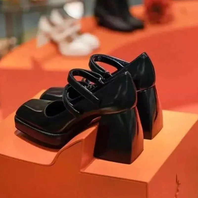 women pumps new 2020 genuine leather square high heels black white shoes woman Mary Janes dress party wedding shoes size 34-39
