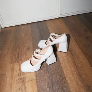 women pumps new 2020 genuine leather square high heels black white shoes woman Mary Janes dress party wedding shoes size 34-39