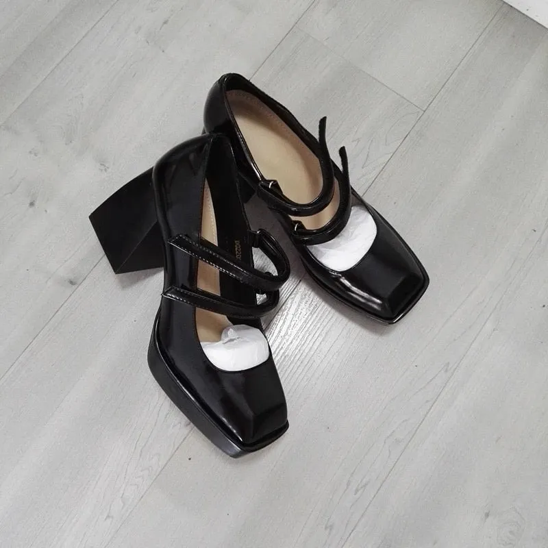 women pumps new 2020 genuine leather square high heels black white shoes woman Mary Janes dress party wedding shoes size 34-39