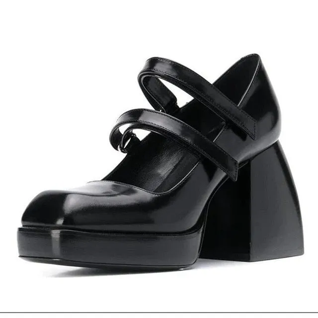 women pumps new 2020 genuine leather square high heels black white shoes woman Mary Janes dress party wedding shoes size 34-39