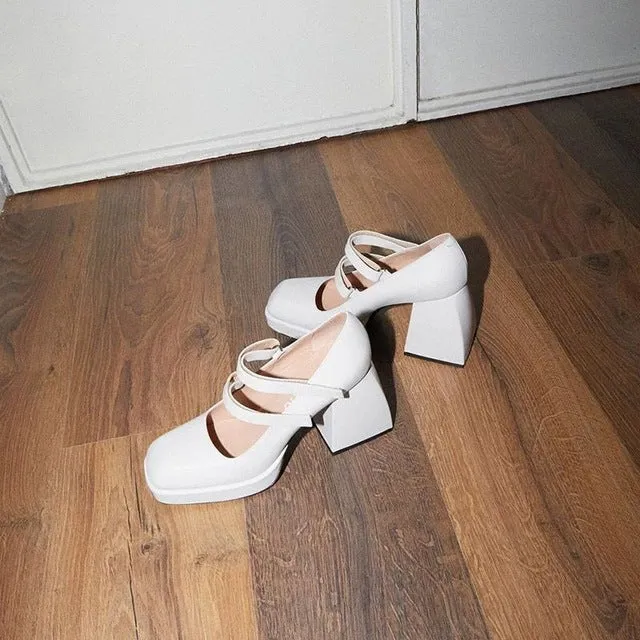 women pumps new 2020 genuine leather square high heels black white shoes woman Mary Janes dress party wedding shoes size 34-39