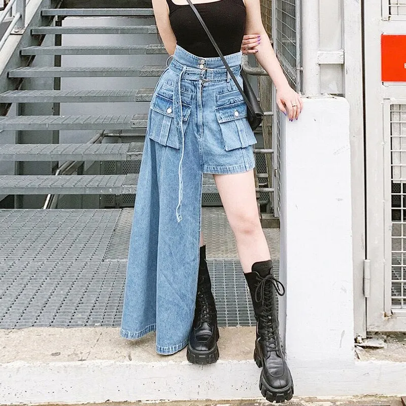 Women Trendy Asymmetrical Skirt Elegant Harajuku High Waist Long Denim Skirts Maxi Jeans Slit Design Street Outfits Stylish Chic