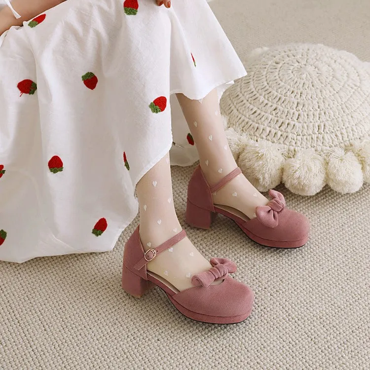 Women's Lolita Suede Butterfly Knot Hollow Out Round Toe Block Heel Low Heels Sandals