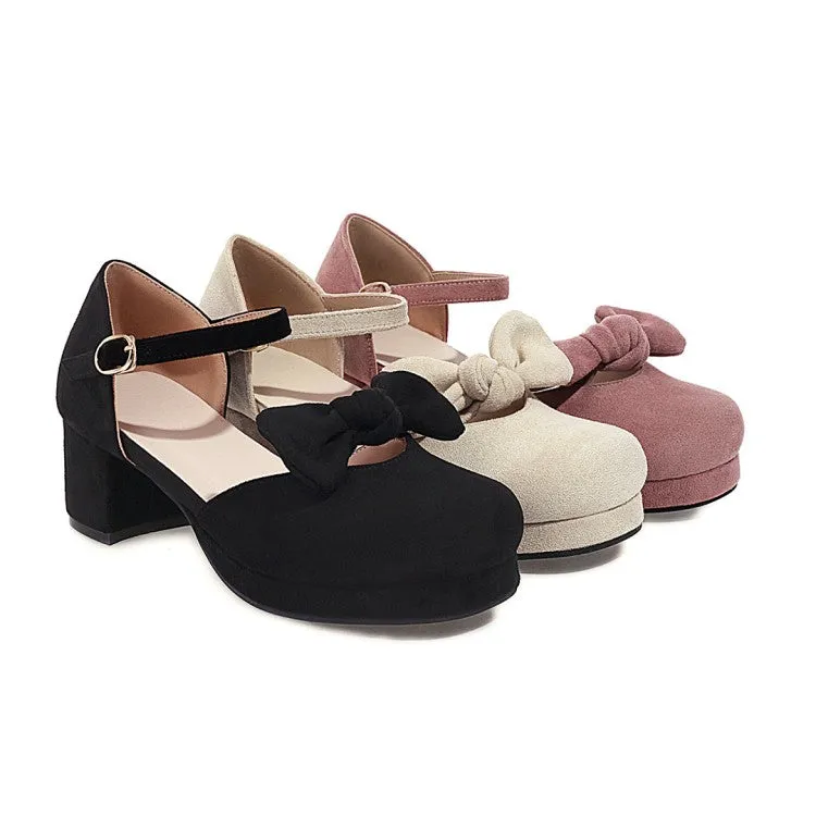 Women's Lolita Suede Butterfly Knot Hollow Out Round Toe Block Heel Low Heels Sandals