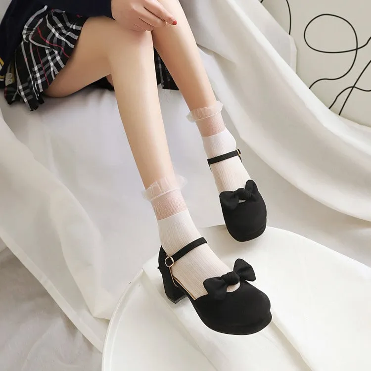 Women's Lolita Suede Butterfly Knot Hollow Out Round Toe Block Heel Low Heels Sandals
