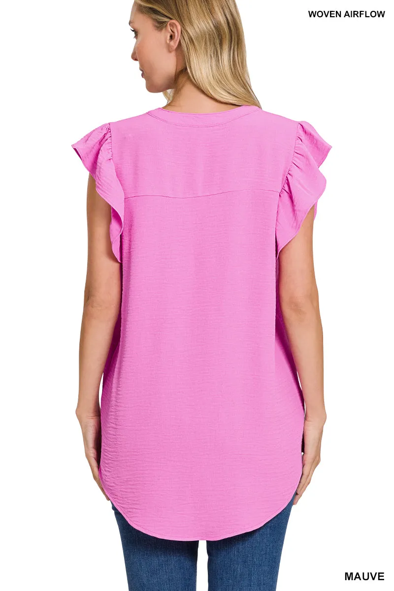 WOVEN AIRFLOW RUFFLED SLEEVE HIGH-LOW TOP in Mauve