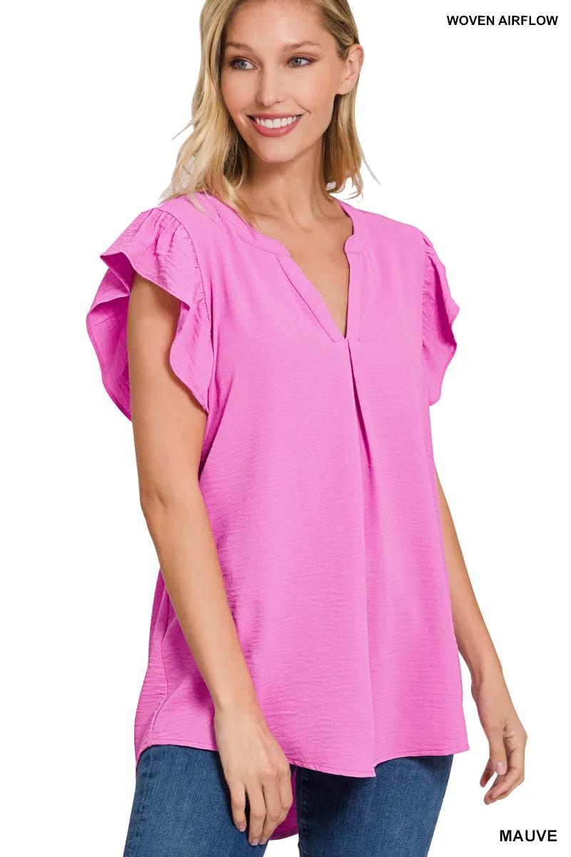 WOVEN AIRFLOW RUFFLED SLEEVE HIGH-LOW TOP in Mauve
