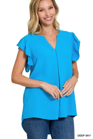 WOVEN AIRFLOW RUFFLED SLEEVE HIGH-LOW TOP in Sky