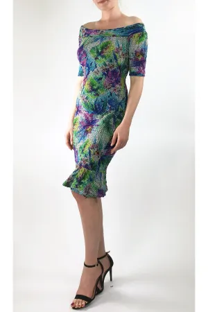 YULIA-A Off Shoulder Short Sleeve Fitted Puckered Print Dress