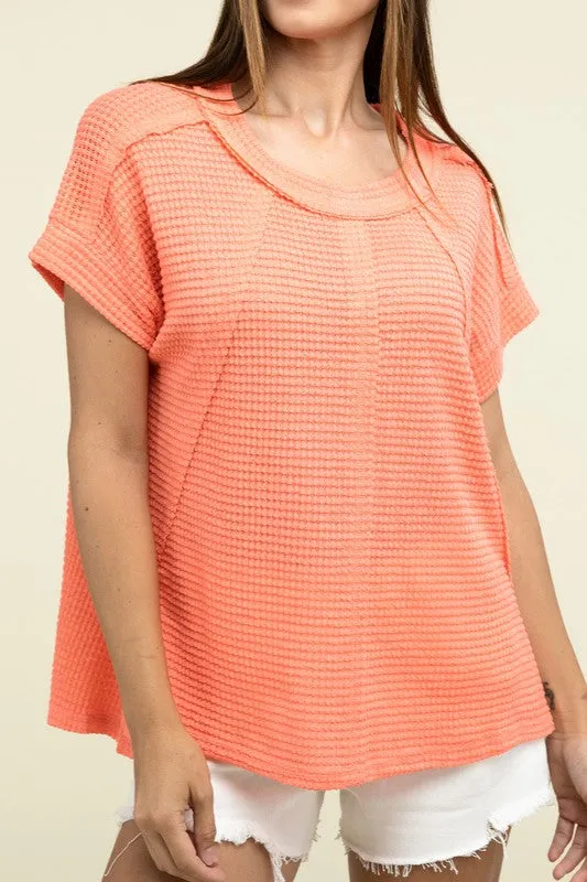 ZENANA Brushed Waffle Exposed-Seam Short Sleeve Top